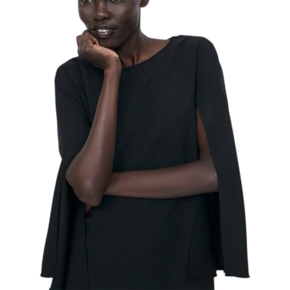 Zara Black Cape Sleeve Sheath Mini Dress Size Small Statement Grunge Edgy - Picture 12 of 14